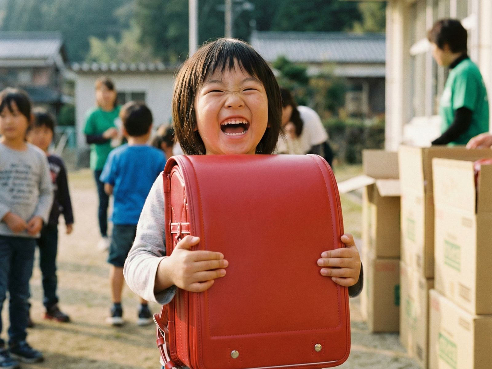 ランドセルのプレゼントを受け取り、満面の笑みを浮かべる子ども