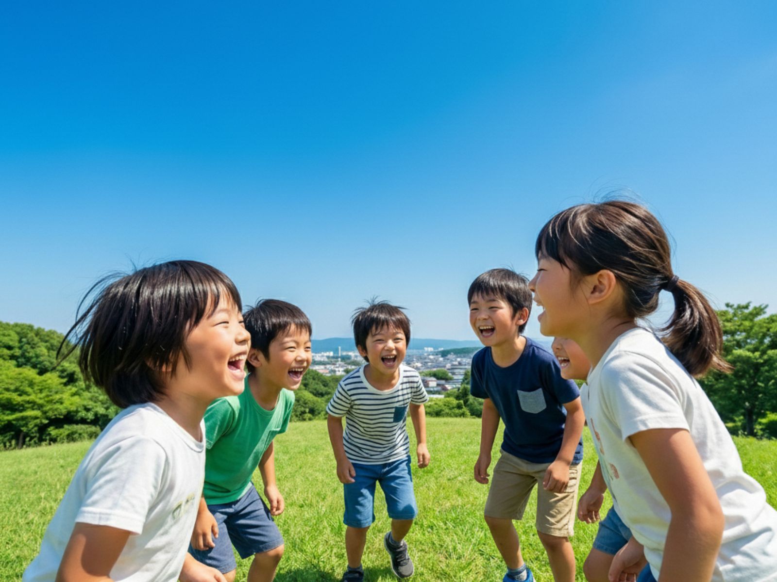 青空の下、緑の丘で輪になって楽しそうに笑い合う子どもたち